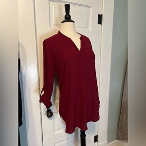 Timeson, Maroon long-sleeve blouse, roll-up with button, v-slit neck, Sz Medium